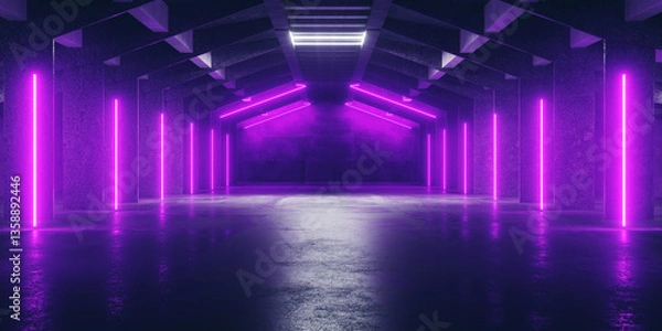Obraz Sci Fi Futuristic Neon Triangle Laser Electric Cyber Glowing Bunker Purope Lights Stage Garage Hangar Hallway Corridor Tunnel Cement Concrete Grunge Basement Club 3D Rendering