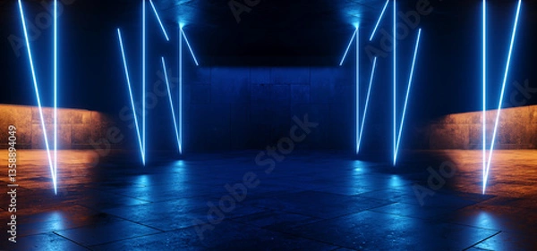 Obraz Cyber Alien Futuristic Studio Corridor Tunnel Showroom Sci Fi Futuristic Neon Glowing  Ceiling Lights Barn Warehouse Metal Cement Night Studio Background 3D Rendering