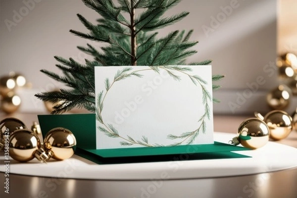 Obraz Festive holiday scene with a card and gold ornaments around a miniature tree.