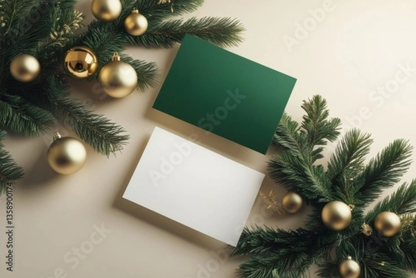 Obraz Festive holiday scene with a card and gold ornaments around a miniature tree.