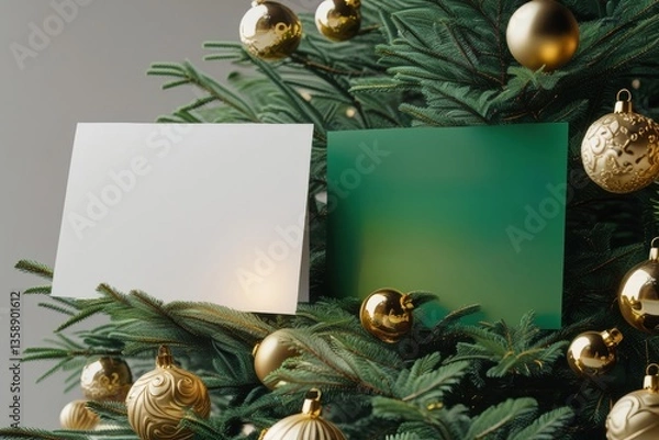 Obraz Festive holiday scene with a card and gold ornaments around a miniature tree.