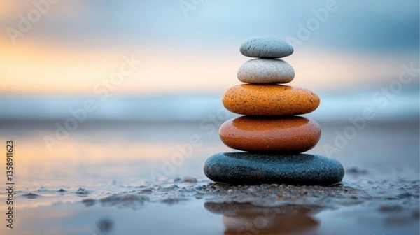 Fototapeta An artistic arrangement of various colored stones stacked on a beach, beautifully reflecting the warm hues of a sunset, representing nature's creativity and balance.