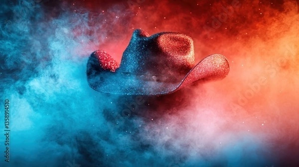 Fototapeta A glittering cowboy hat emerges from swirling colored smoke, creating a captivating and enchanting effect that draws the viewer's attention and sparks imagination.