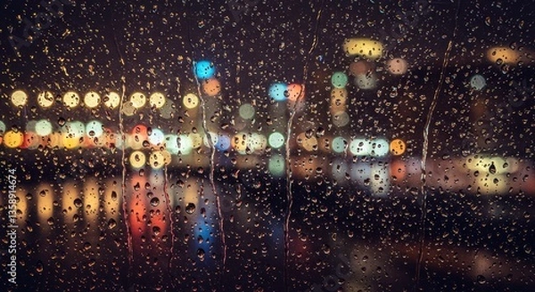 Fototapeta Rainy Night Cityscape Viewed Through a Wet Window Pane with Bokeh Lights