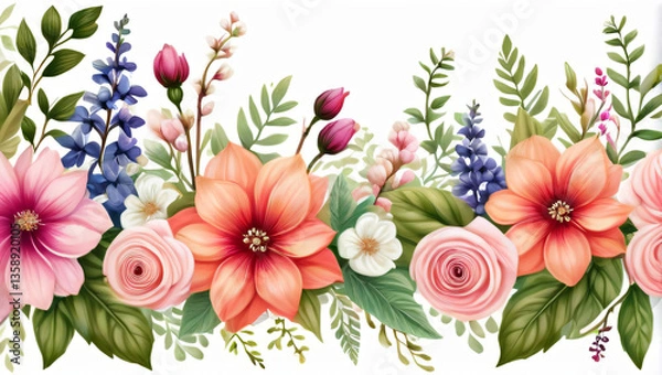 Fototapeta "Elegant floral illustration featuring a vibrant mix of blossoms and greenery—perfect for wedding invitations, greeting cards, spring designs, and decorative borders."