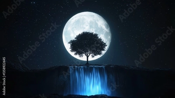 Fototapeta A massive cosmic tree standing beside a glowing waterfall, with the full moon glowing behind and stars spinning slowly