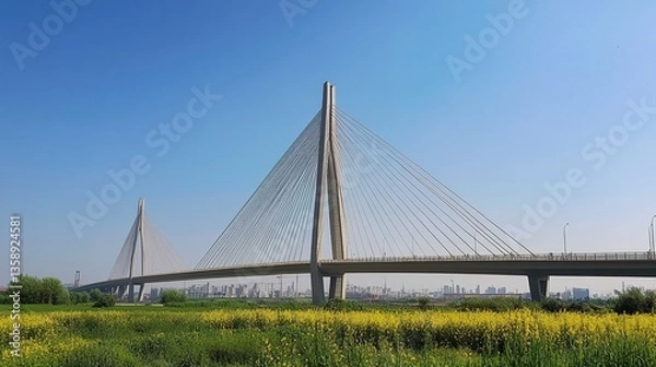 Fototapeta Low-angle capture of a cable-stayed bridge, its taut cables reaching elegantly towards a clear blue sky, a testament to modern engineering. 