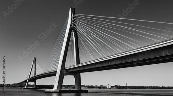 Fototapeta Low-angle capture of a cable-stayed bridge, its taut cables reaching elegantly towards a clear blue sky, a testament to modern engineering.  