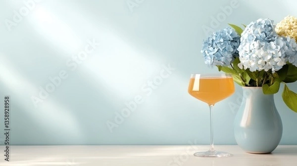 Fototapeta This refreshing yellow cocktail is beautifully displayed alongside blue hydrangeas in a stylish vase, perfect for a bright and cheerful atmosphere featuring soft tones.