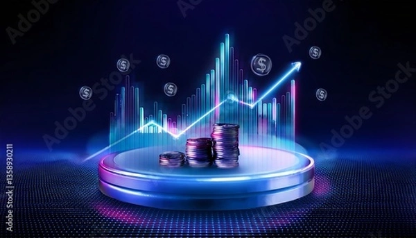 Obraz growth money isolated on transparent 3d podium background with wealth financial business success finance graph stock profit investment chart.
