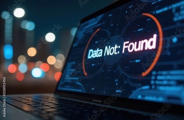 Obraz Laptop Screen Showing Data Not Found Error at Night