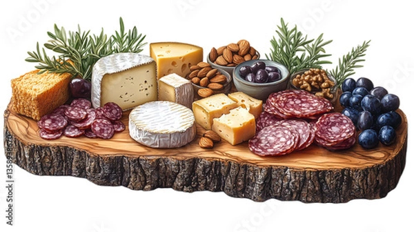 Obraz Wooden board with a variety of snacks on a transparent background. It contains various types of cheese, salami sausage, walnuts, almonds, olives, and fresh rosemary sprigs.