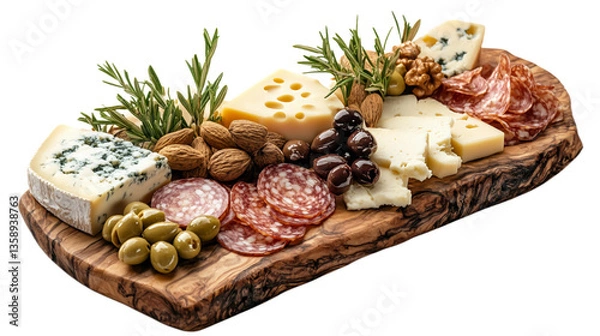 Obraz Wooden board with a variety of snacks on a transparent background. It contains various types of cheese, salami sausage, walnuts, almonds, olives, and fresh rosemary sprigs.