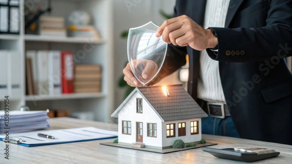 Obraz A home insurance broker placing a protective shield over a miniature house model, symbolizing property protection and security.