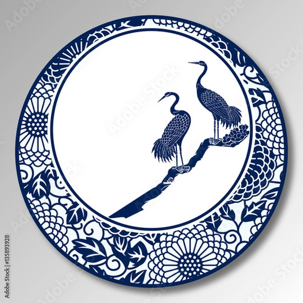 Fototapeta Chinese Traditional Blue And White Porcelain, Grus Japonensis