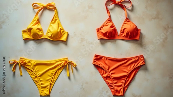 Fototapeta Three yellow and orange bathing suits are laid out on a table. The yellow one is on the left, the orange one is in the middle, and the third one is on the right