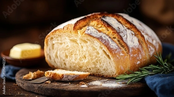 Obraz Slice of bread with butter on a wooden table. The bread is cut in half and has a few pieces missing. The butter is placed on a plate next to the bread