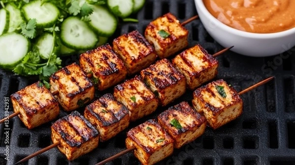 Fototapeta Plate of grilled tofu with a bowl of sauce next to it. The tofu is cut into small cubes and is grilled on a black grill. The sauce is a brown gravy