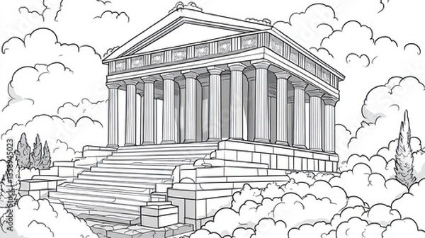 Obraz Ancient Greek temple in cloudy sky. Coloring book illustration