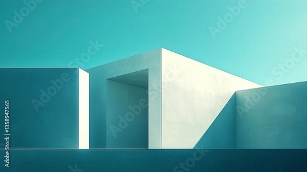 Fototapeta Concrete minimalist architecture with geometric shapes and clear blue sky