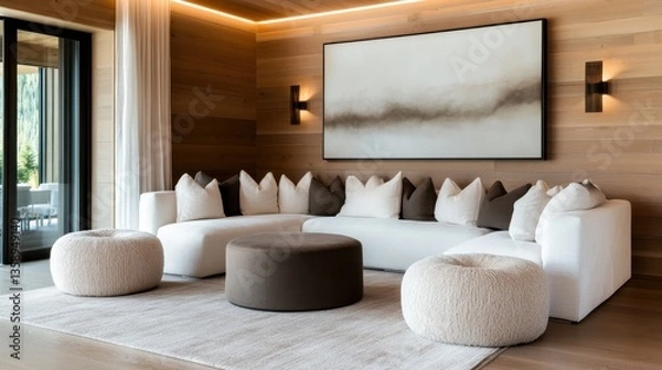 Fototapeta A stylish modern living room featuring elegant furniture, soft textures, and minimalist decor, creating a cozy and inviting space for relaxation and comfort.