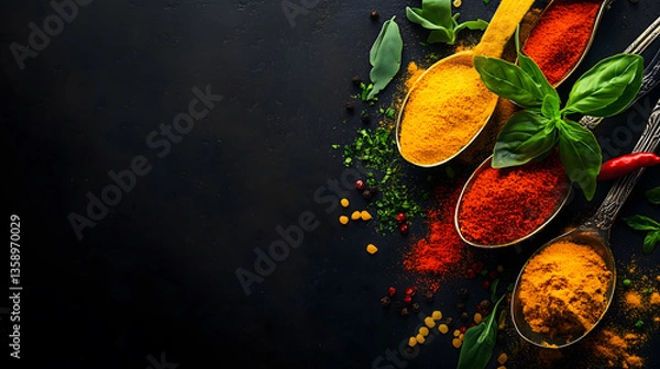 Fototapeta Various Asian spices in spoons on black background. Top view.