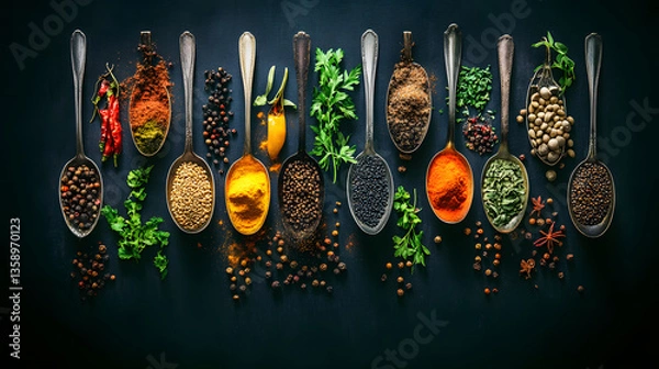 Fototapeta Various Asian spices in spoons on black background. Top view.