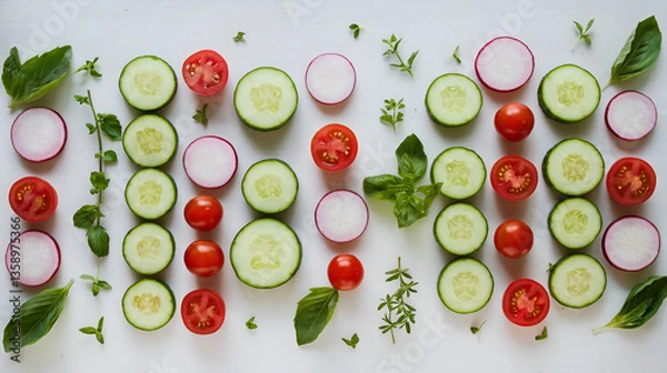 Fototapeta Neatly arranged, the sliced cucumbers, tomatoes, and radishes are displayed. Fresh basil and herbs rest on a white background, providing a fresh and healthy aesthetic.