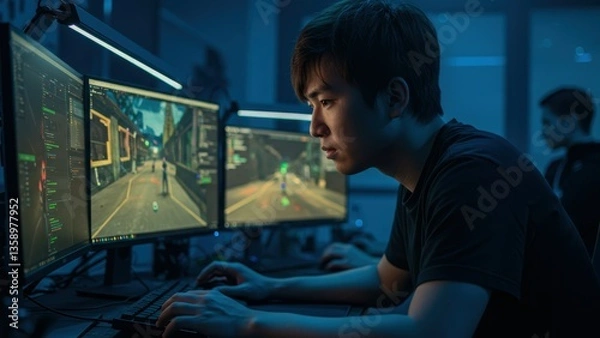 Fototapeta Asian man typing on keyboard in dark room at computer, playing game, esports, coding. Represents technology, future, cyberspace.