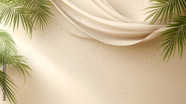 Fototapeta 
Blurred shadow from palm leaves on the light beige wall. Minimal abstract background for product presentation. Spring and summer.