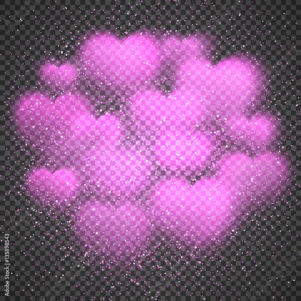 Fototapeta Cloud from purple blurred glowing soft hearts on transparent background with glitter texture confetti. Backdrop for Valentines Day, wedding, romantic card design. Abstract colorful vector illustration