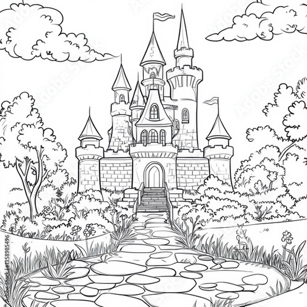 Fototapeta Enchanted Castle: A detailed illustration of a majestic castle, a timeless emblem of fantasy, set amidst a whimsical landscape, inviting viewers into a world of imagination and wonder.