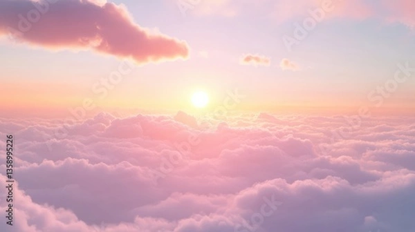 Fototapeta A Beautiful Sunrise Over Soft Clouds In The Sky. The Sun Peeks Through, Creating A Dreamy Atmosphere Filled With Pink Hues.