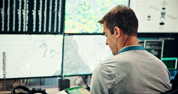 Fototapeta Screen, weather and man with tablet for broadcast data with news, research or reporter. Presenter, ecology and back of journalist for forecast on media report for meteorology update or climate change