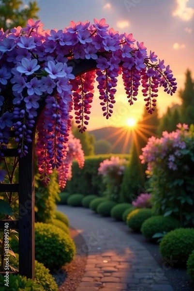 Obraz Wisteria blooming on trellis at sunset in a Japanese garden, spring,  trellis