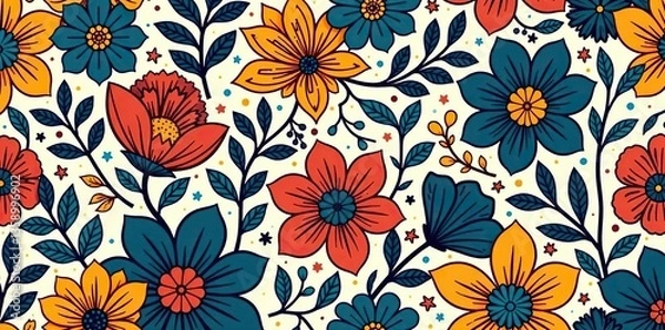 Fototapeta Abstract and groovy floral pattern with vibrant colors and intricate doodle designs,  floral,  pattern