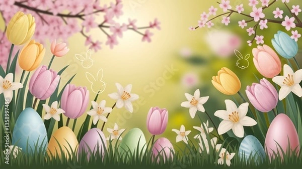 Fototapeta Pastel Easter Flowers and Eggs in a Spring Meadow