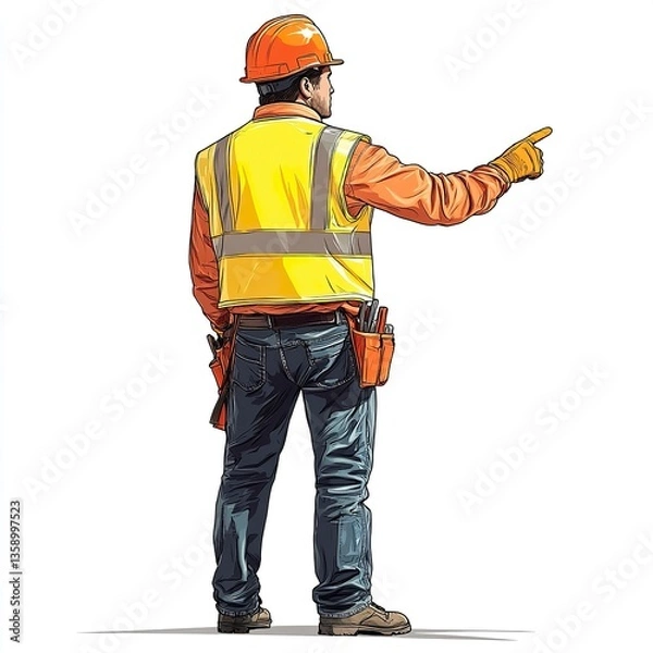 Fototapeta A professional vector image of a construction worker with a reflective vest, helmet, and gloves, pointing confidently, viewed from the back, on white. 