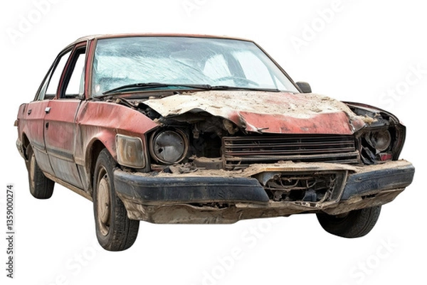 Obraz wrecked red car, front view, isolated on white background