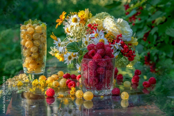 Fototapeta Beautiful summer still life with ripe raspberries and gooseberries and a bouquet of flowers. Berry harvest.