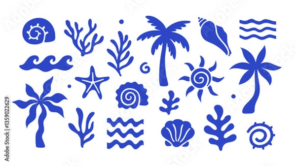 Obraz Abstract modern vector sea ocean vacation elements in simple wavy and groovy naive style. Design vintage trendy templates