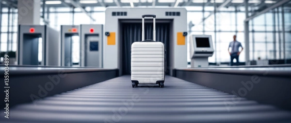 Obraz white carry-on suitcase moves along an airport conveyor belt