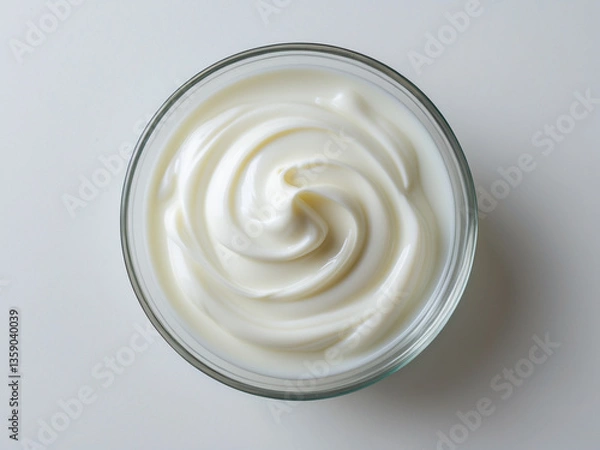 Fototapeta A top-down view of a glass bowl filled with smooth, creamy yogurt. The swirl pattern and soft texture create a visually appealing food presentation, emphasizing freshness and purity.