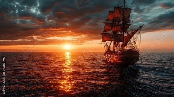 Fototapeta Majestic sailing ship at fiery sunset.  Vast ocean, dramatic clouds