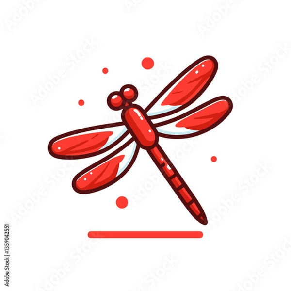 Fototapeta Red dragonfly with detailed wings in simple graphic style. Perfect for nature publications, summer themed designs, and insect education materials.