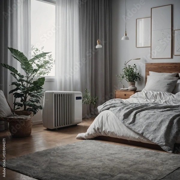 Fototapeta A stylish electronic air conditioner releasing smooth cold wind waves, maintaining climate control in a minimalist bedroom.


