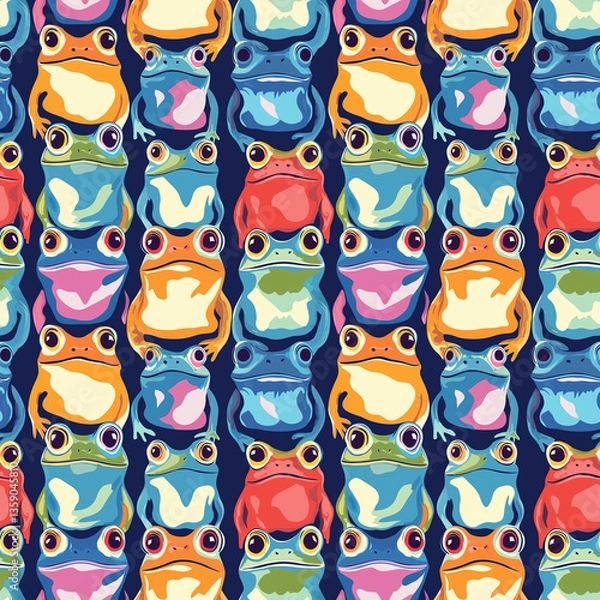 Fototapeta Seamless frog pattern with colorful stylized cartoon faces in pop-art style, vibrant amphibian design for bold textiles and kids’ prints