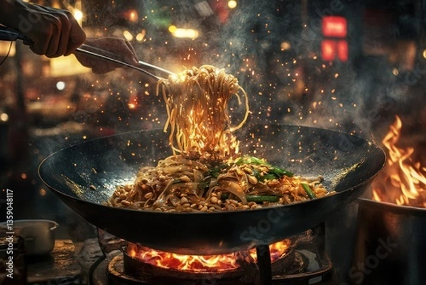 Obraz Spicy noodles sizzling in wok.  Hands tossing noodles