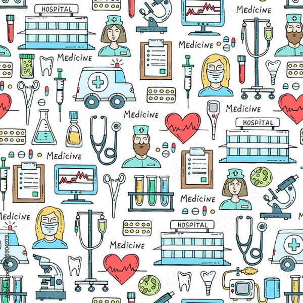 Fototapeta Vector pattern with hand drawn colored symbols of hospital, pharmacy. Pattern on the theme of medicine, medical equipment