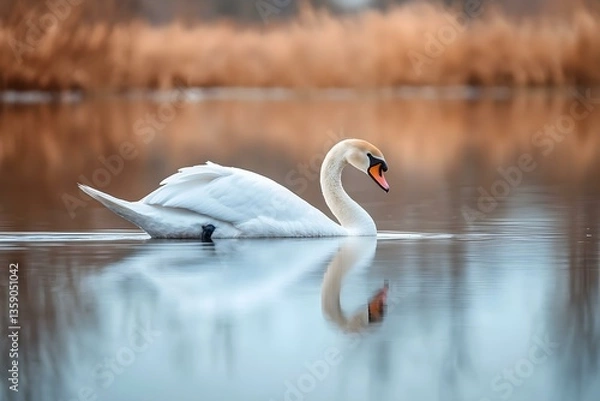Obraz Tranquil Elegance: Serene Swans and Their Reflection on a Peaceful Calm Lake